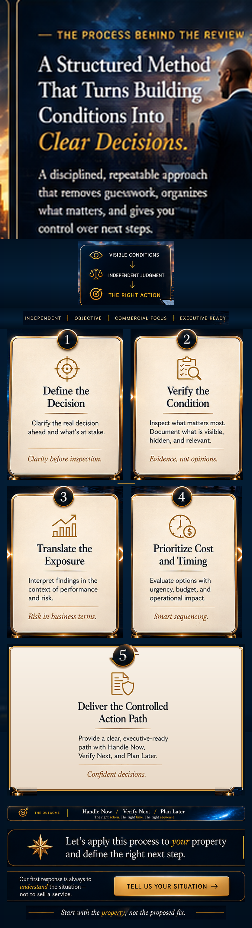 An infographic explaining a structured method for decision-making, featuring steps such as defining the decision, verifying the condition, translating the exposure, prioritizing cost and timing, and delivering a controlled action path, with a backgro