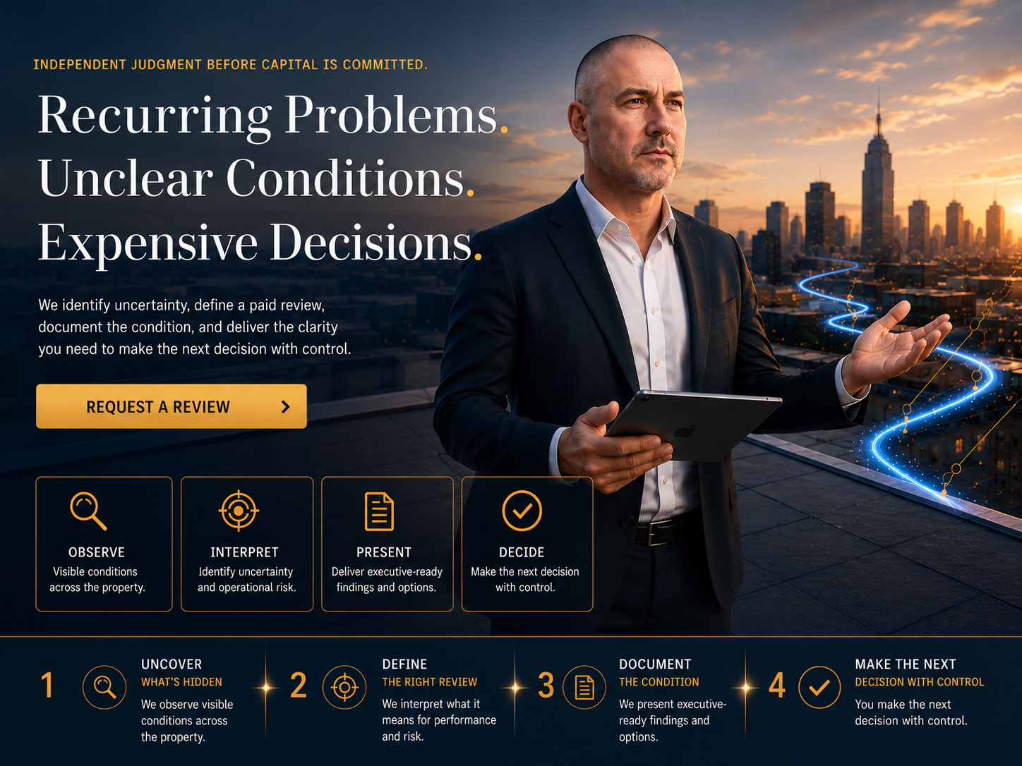 Business professional standing on rooftop with city skyline at sunset, holding tablet, digital glowing line graph indicating data analysis, overlaying text about recurring problems, decision-making, and review process.
