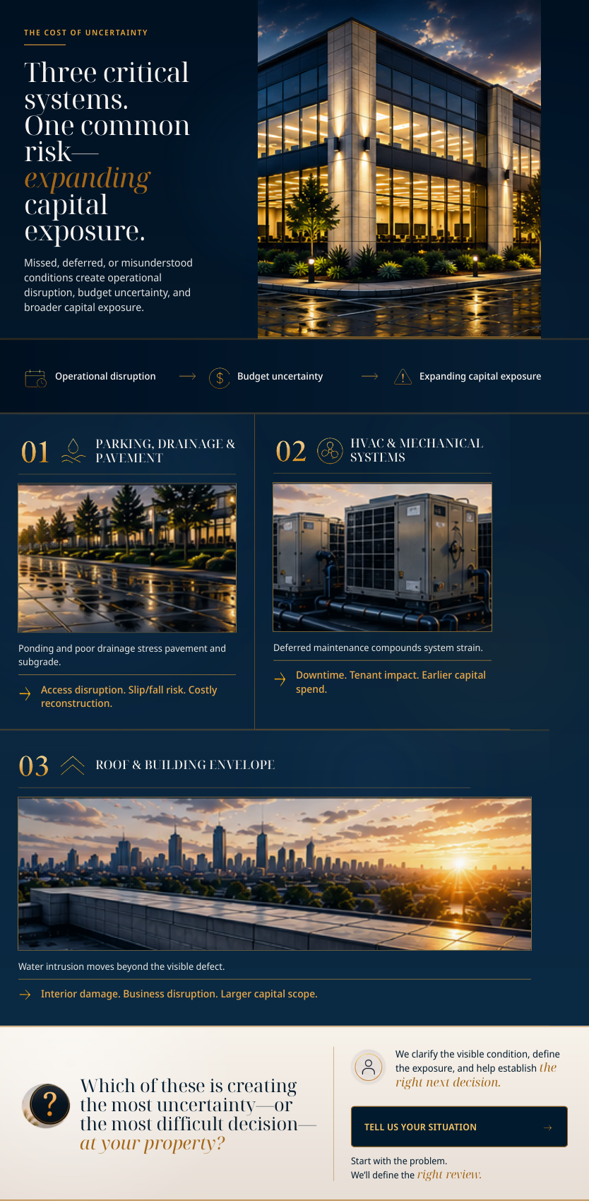 An infographic titled "Three critical systems. One common risk—expanding capital exposure" with images of a modern office building, parking lot with drainage issues, HVAC systems, and a rooftop view of a city skyline at sunset.
