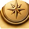 A close-up of a gold-colored coin with a star emblem etched on it, and a compass rose symbol at the top.
