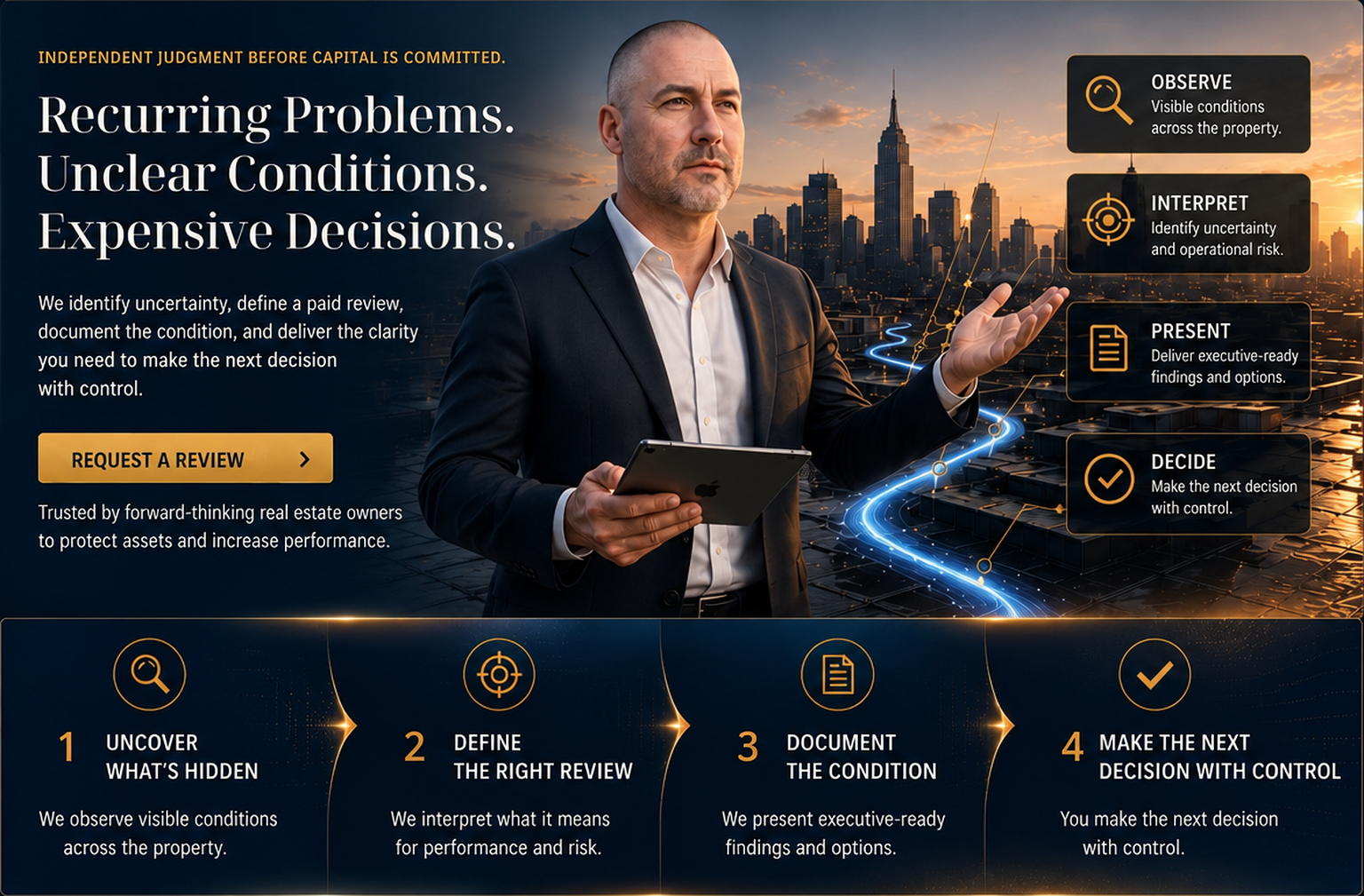 A man in a suit holding a tablet, with a city skyline at sunset background. The image features four steps for decision-making: uncover, define, document, and make the next decision, with icons and descriptions for each step.