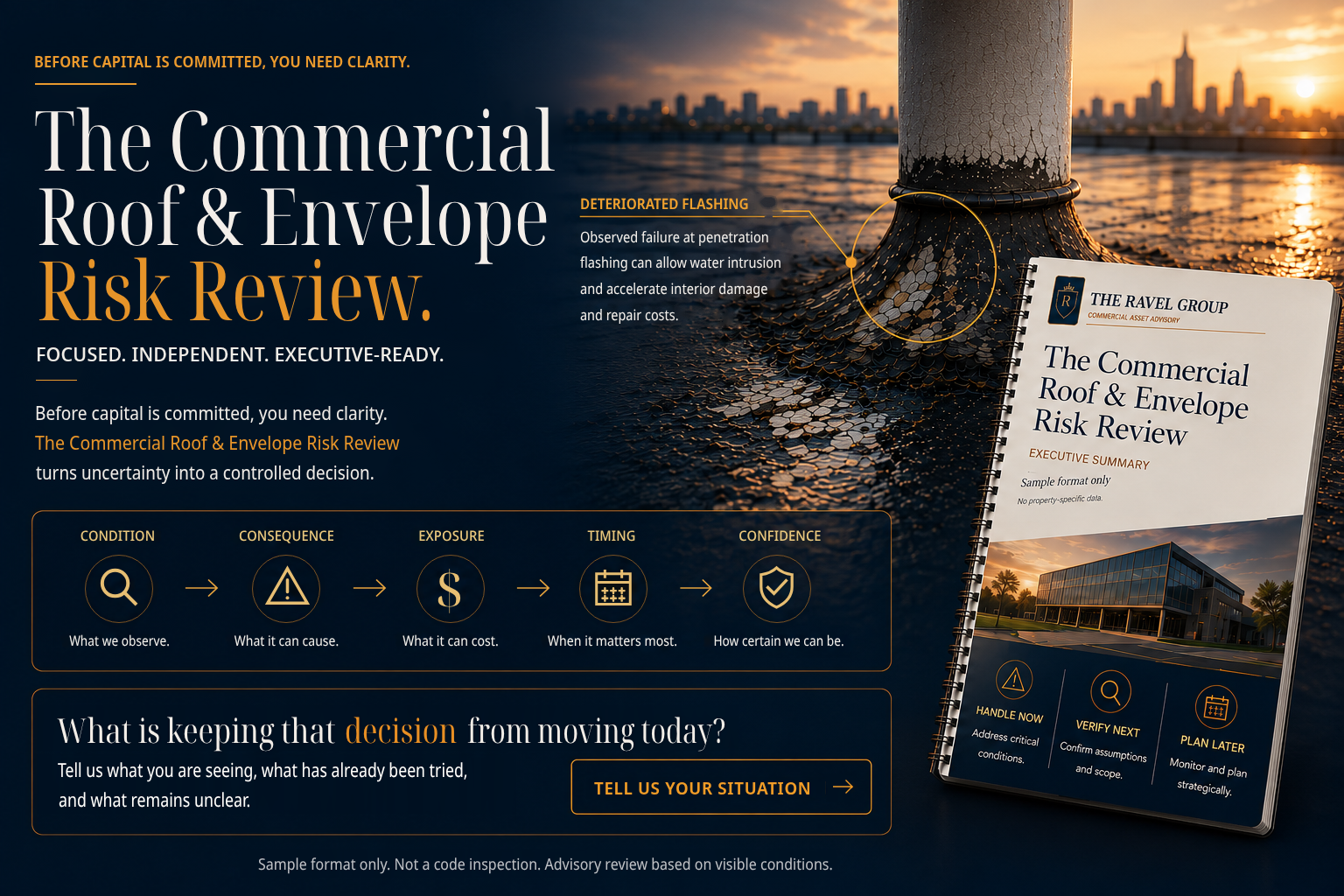 Promotional graphic for a commercial roof and envelope risk review. It features a sunset over a city skyline, a close-up of a roof with damaged flashing, and a spiral-bound report titled 'The Commercial Roof & Envelope Risk Review' with a building im