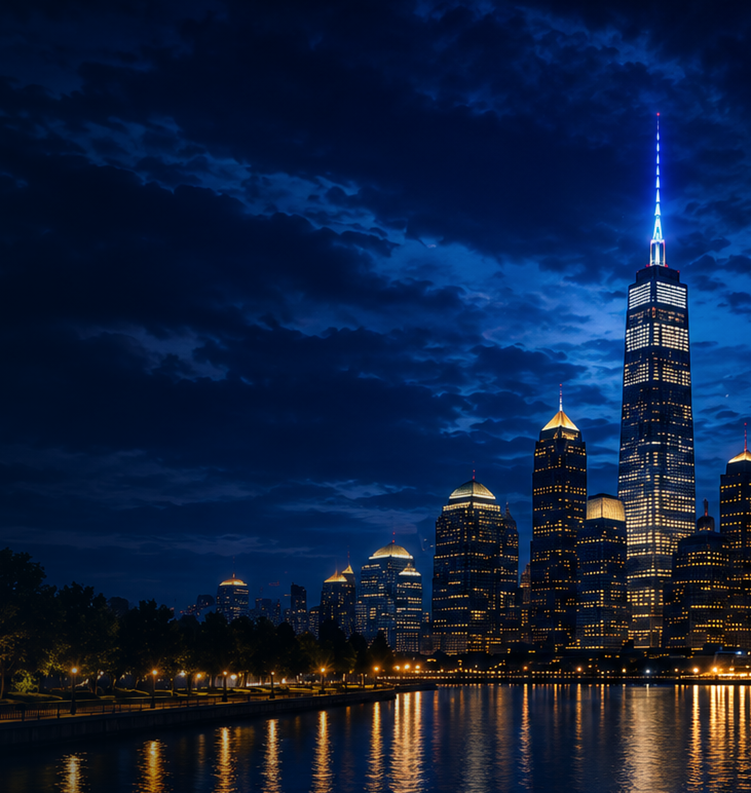 Night view of the New York City skyline with illuminated skyscrapers, including the Empire State Building, reflecting in the water in the foreground.