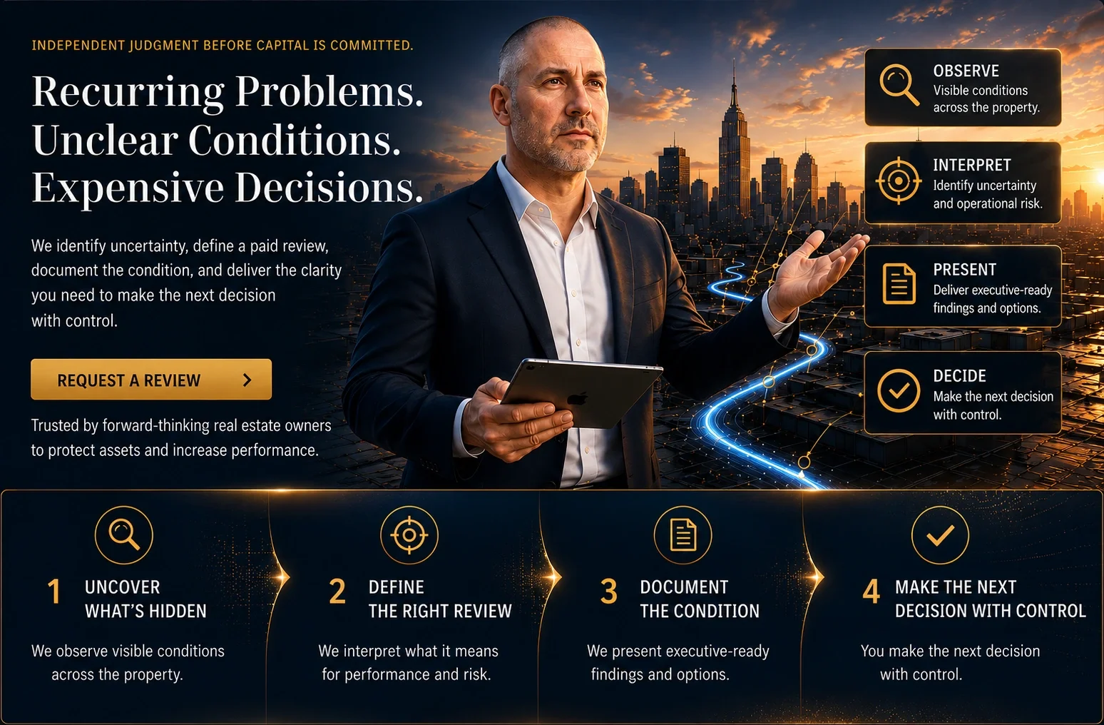 A man in a business suit holding an iPad, standing in front of a city skyline at sunset with a glowing blue light trail winding from the bottom to the right side of the image. The overlay includes text about problems, decision making, and a review pr