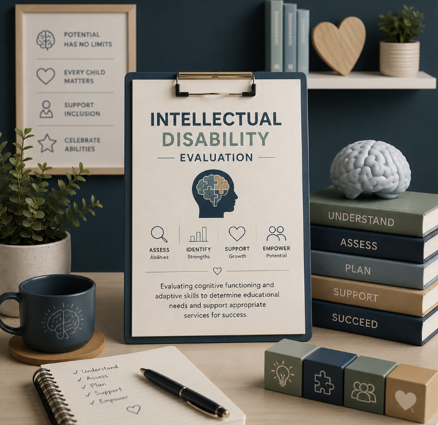 A desk with a clipboard displaying an intellectual disability evaluation poster, a notebook with checklist, a pen, a coffee mug, a potted plant, stacked books labeled Understand, Assess, Plan, Support, and Succeed, decorative blocks with icons, and a framed poster on the wall with positive affirmations.