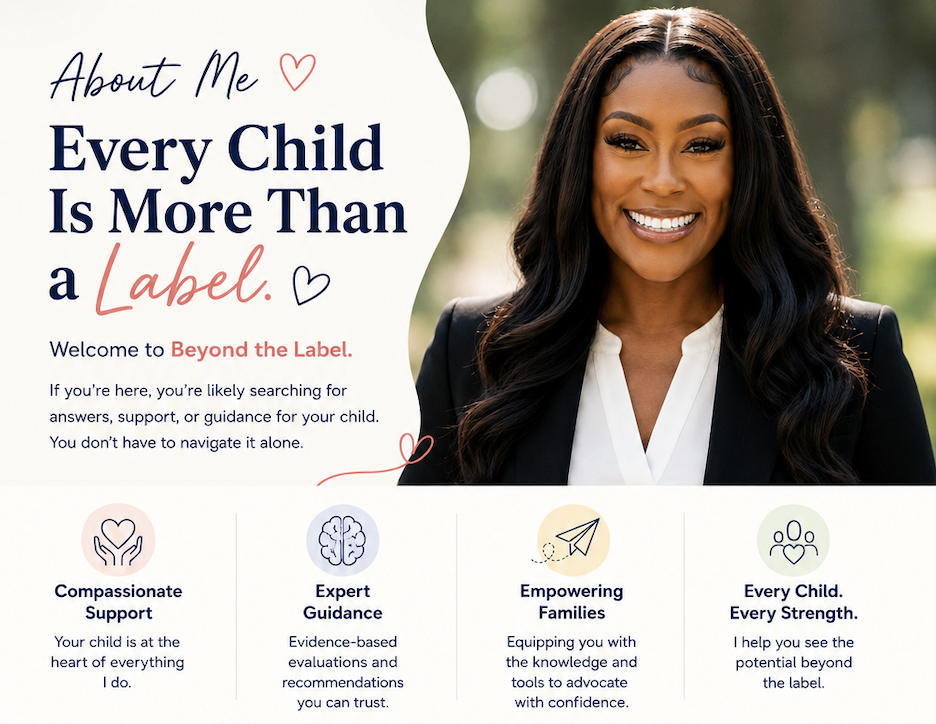 A woman with long dark hair smiling, dressed in a white blouse and dark blazer, standing outdoors with blurred greenery in the background. The image is part of a promotional or informational graphic about supporting children beyond labels, with text highlighting compassion, guidance, empowerment, and strength.