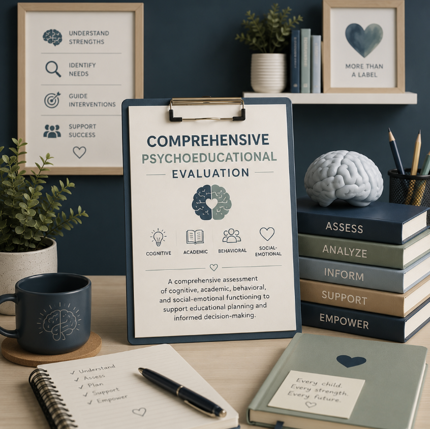 A desk with framed posters about strengths and labels, a clipboard with 'Comprehensive Psychoeducational Evaluation', a stack of books, a brain model, a potted plant, a coffee mug, a notebook with checkmarks, and a note that reads, 'Every child. Every strength. Every future.'