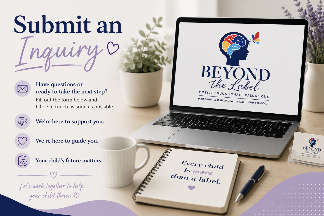 Promotional display for Beyond the Label, an organization providing mobile educational evaluations for children. The display features a laptop showing the organization's logo, a printed pamphlet with the same logo, a spiral notebook with the message "Every child is more than a label," and a pen. Additional items include a white mug and potted plants on a desk.
