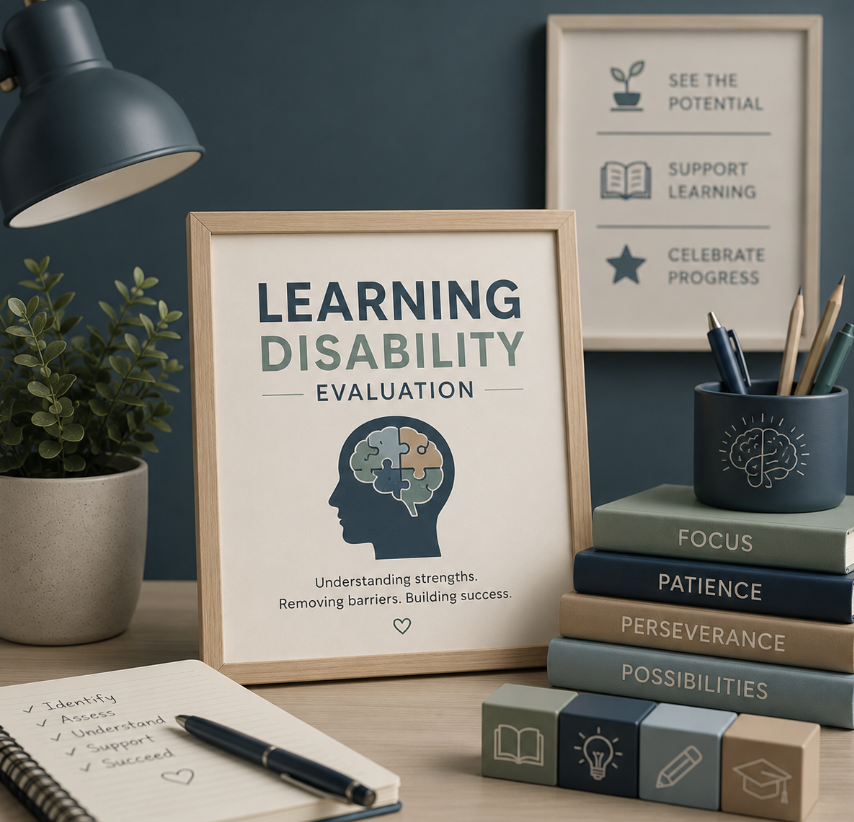 Desk with framed sign reading 'Learning Disability Evaluation,' books labeled 'Focus,' 'Patience,' 'Perseverance,' 'Possibilities,' a notebook with checkmarks, pens, a plant, and a second framed sign with motivational phrases.