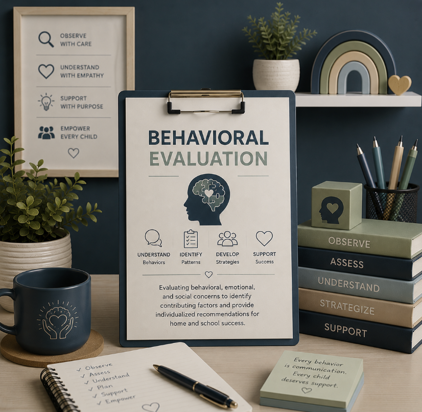 A workspace featuring a clipboard titled 'Behavioral Evaluation' with information about understanding, identifying, developing, and supporting behavioral, emotional, and social factors. Surrounding items include a notebook with checkmarks, a pen, a black mug with a heart graphic, a stack of books labeled 'Observe,' 'Assess,' 'Understand,' 'Strategize,' and 'Support,' a plant, a framed list with care, empathy, support, and empowerment points, a small plant in a pot, a rainbow decor, and sticky notes with a message about behavior and support.