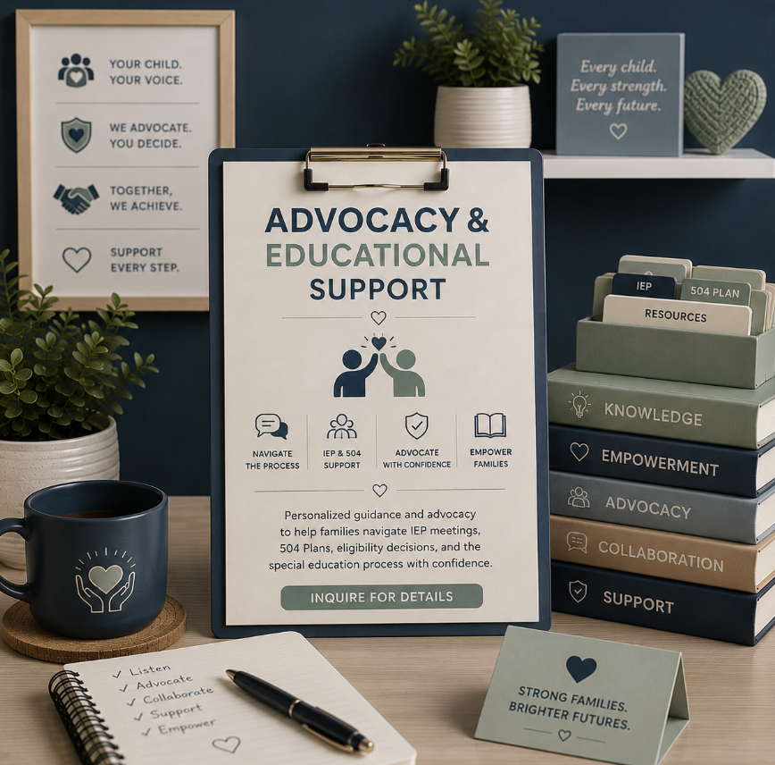 A desk display promoting advocacy and educational support for families, featuring informational brochures, a plant, a coffee mug, and motivational signs about supporting children and families.