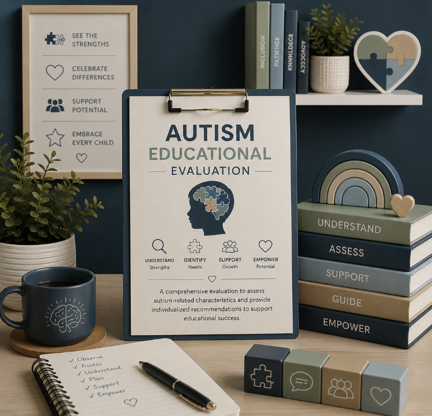 Autism educational evaluation poster on clipboard surrounded by books, potted plants, a coffee mug, and educational blocks with words like 'Understand,' 'Assess,' 'Support,' 'Guide,' and 'Empower' on a desk.