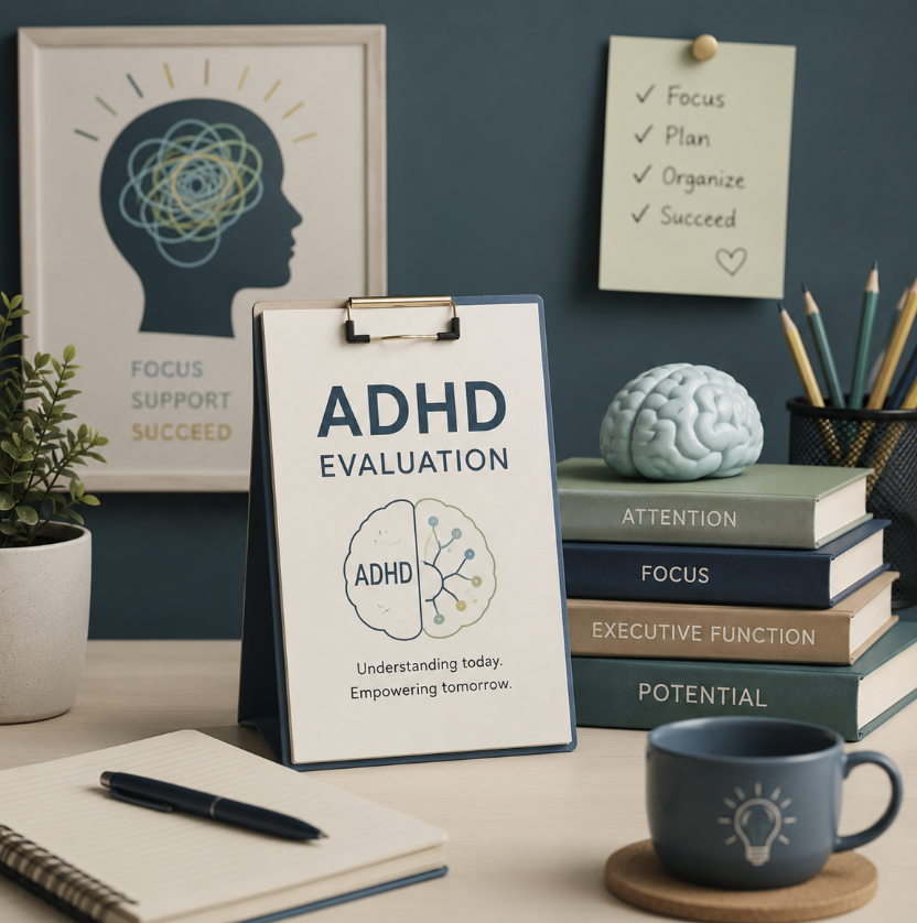 A desk with ADHD evaluation materials, including a sign, notebooks labeled 'Attention,' 'Focus,' 'Executive Function,' 'Potential,' a brain model, a coffee mug with a light bulb icon, and a framed image of a head with a brain and the words 'Focus,' 'Support,' 'Succeed,' on a blue wall with a yellow sticky note that lists goals.