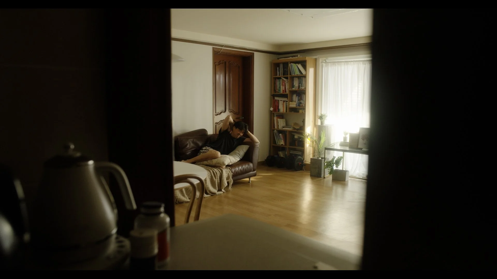 A person relaxing on a dark brown couch in a sunlit living room, with a window, bookshelf, plants, and wooden floor visible, viewed through a narrow opening.