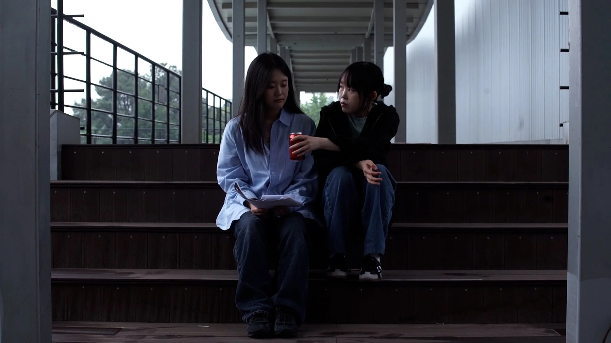 Two young women sitting on outdoor stairs under a shelter. One is wearing a light blue shirt and holding a paper, the other is in a black hoodie and handing her a red drink.