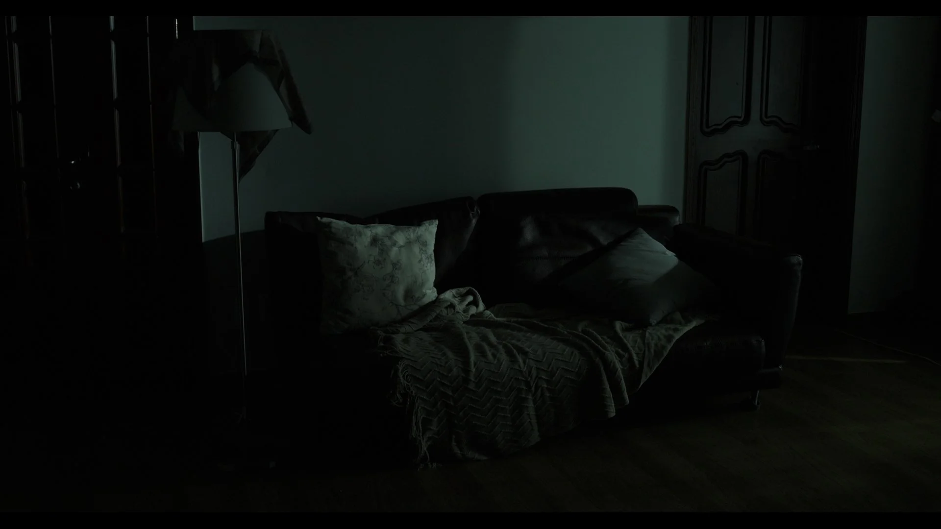 Dimly lit living room with a black leather sofa, patterned pillows, and a blanket, near a closed wooden door.