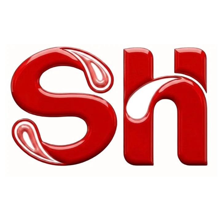 Sane House Media red glossy letters spelling 'Sh' with white highlights and reflections on a white background.