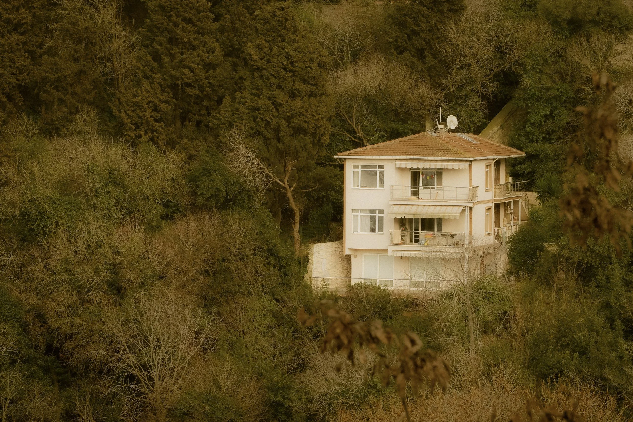 A multi-story building built into a steep hillside in Istanbul, surrounded by dense, overgrown vegetation. The structure's upper levels catch the sunlight while the lower floors sit in the shade.