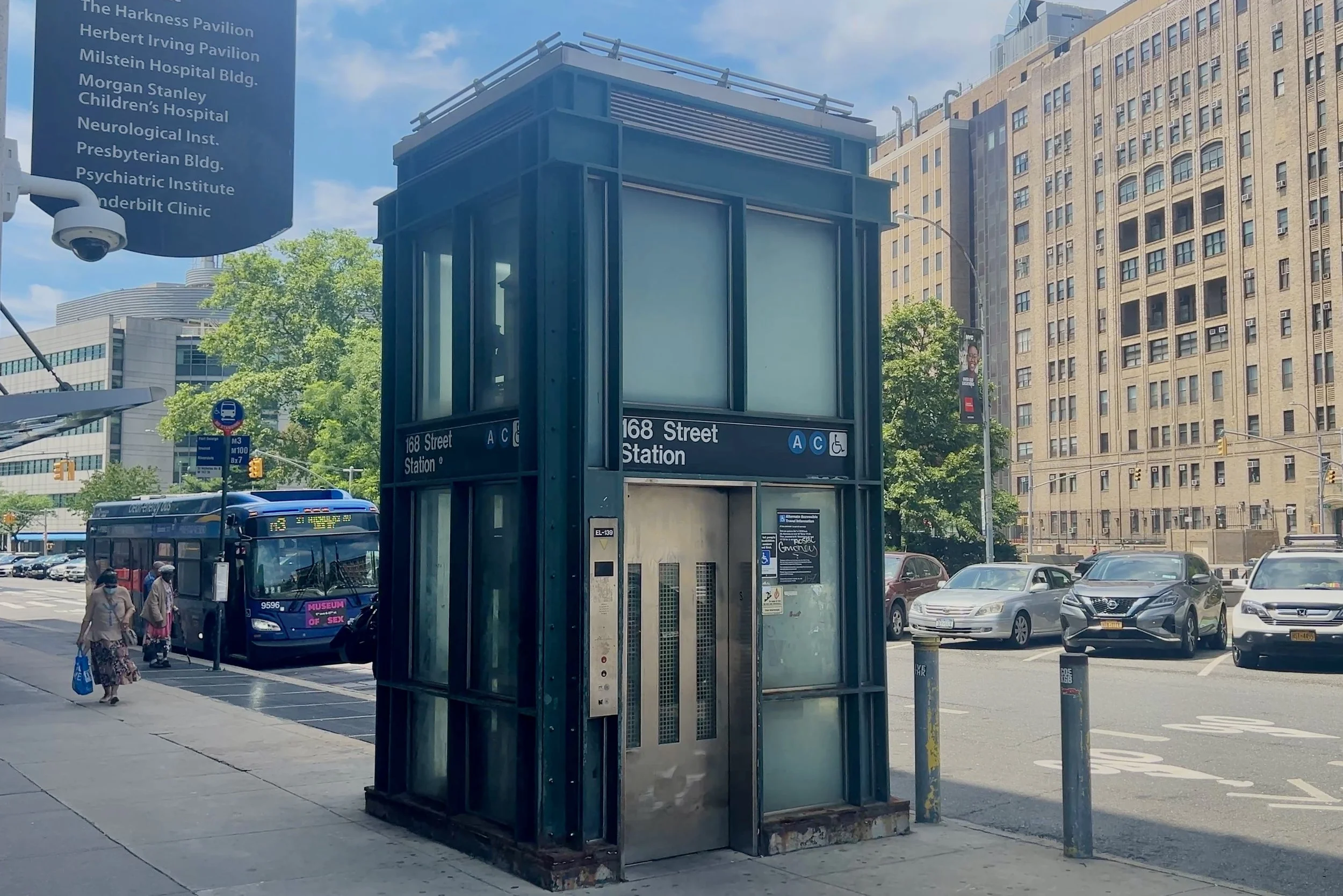Street-level subway elevator for the A, C, and E lines at 168th Street.