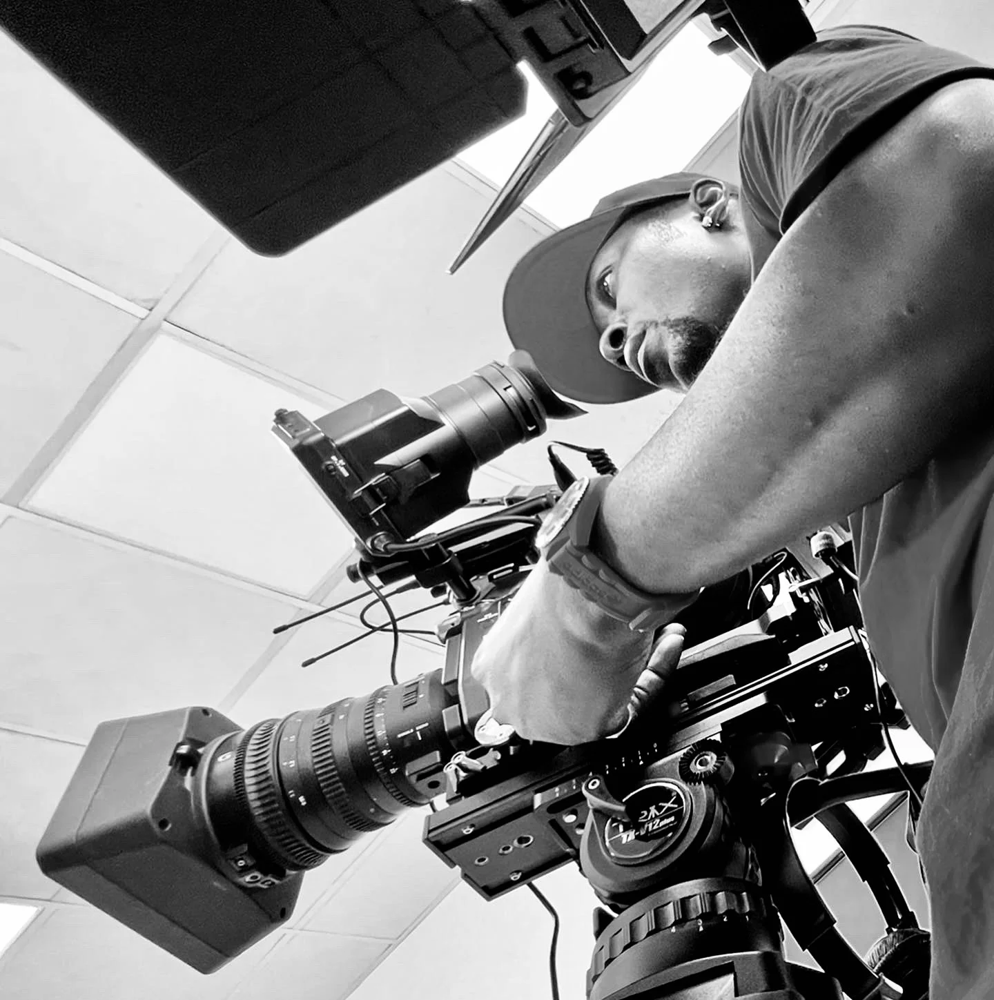 Cinematographer holding a cinema camera during a professional film production.