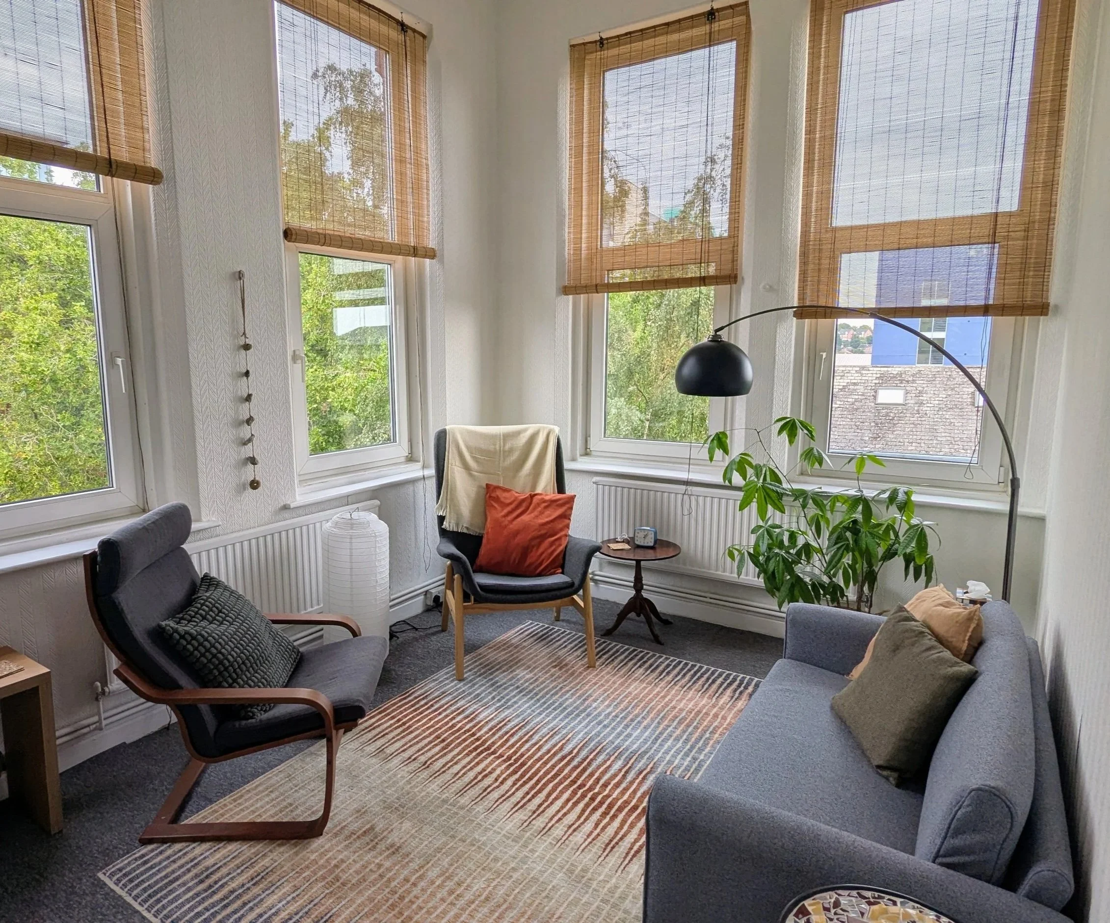 Living room with large windows covered with bamboo blinds, including armchairs, a small side table, and a large indoor plant.