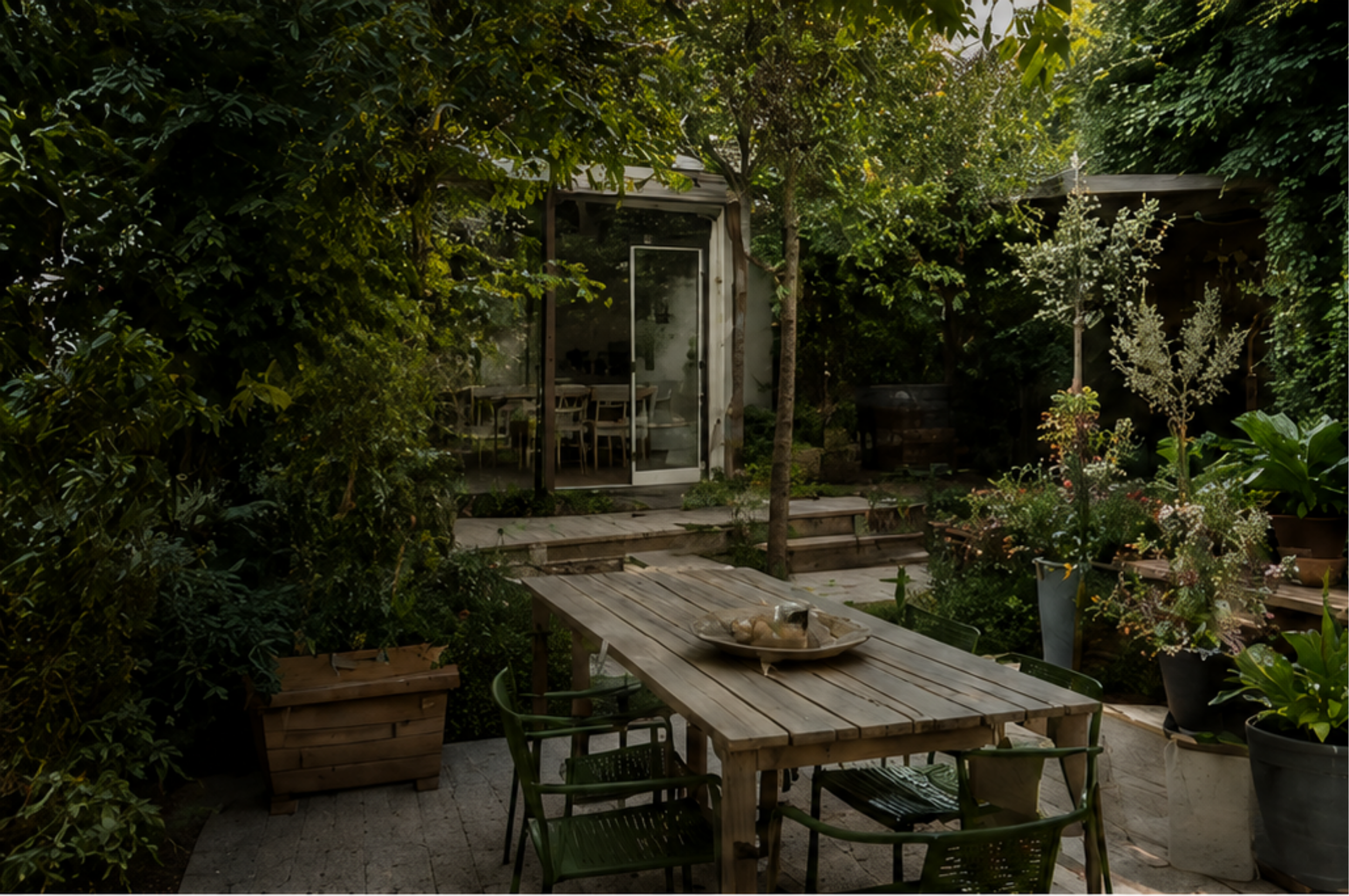Garten in Lüneburg mit Gartentisch und Terrassentür im Hintergrund