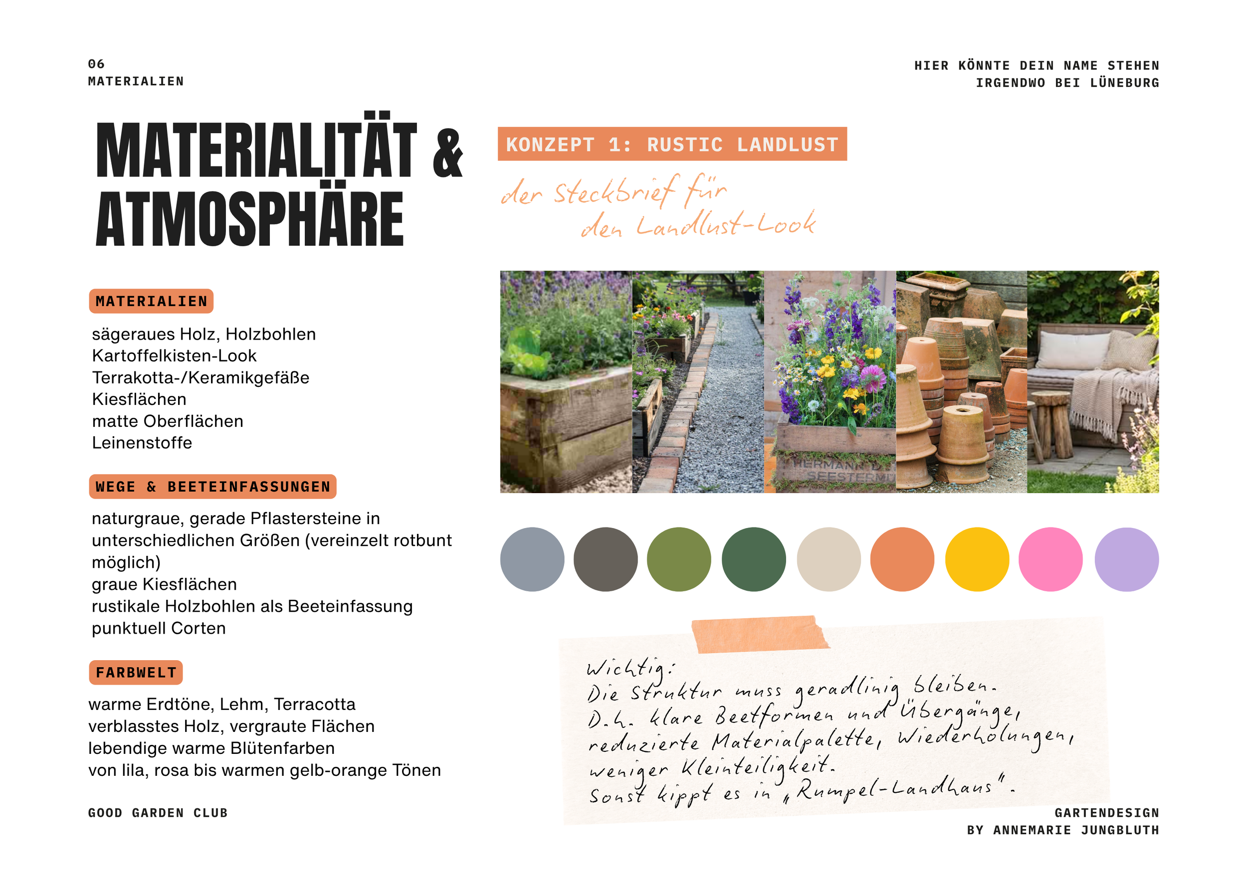 Materialauswahl und Farben für das Gartenkonzept Rustic Landlust