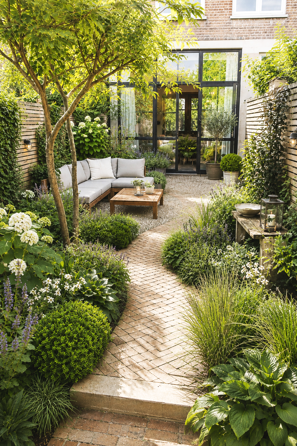 Schmaler Reihenhausgarten mit Gartenräumen gestaltet