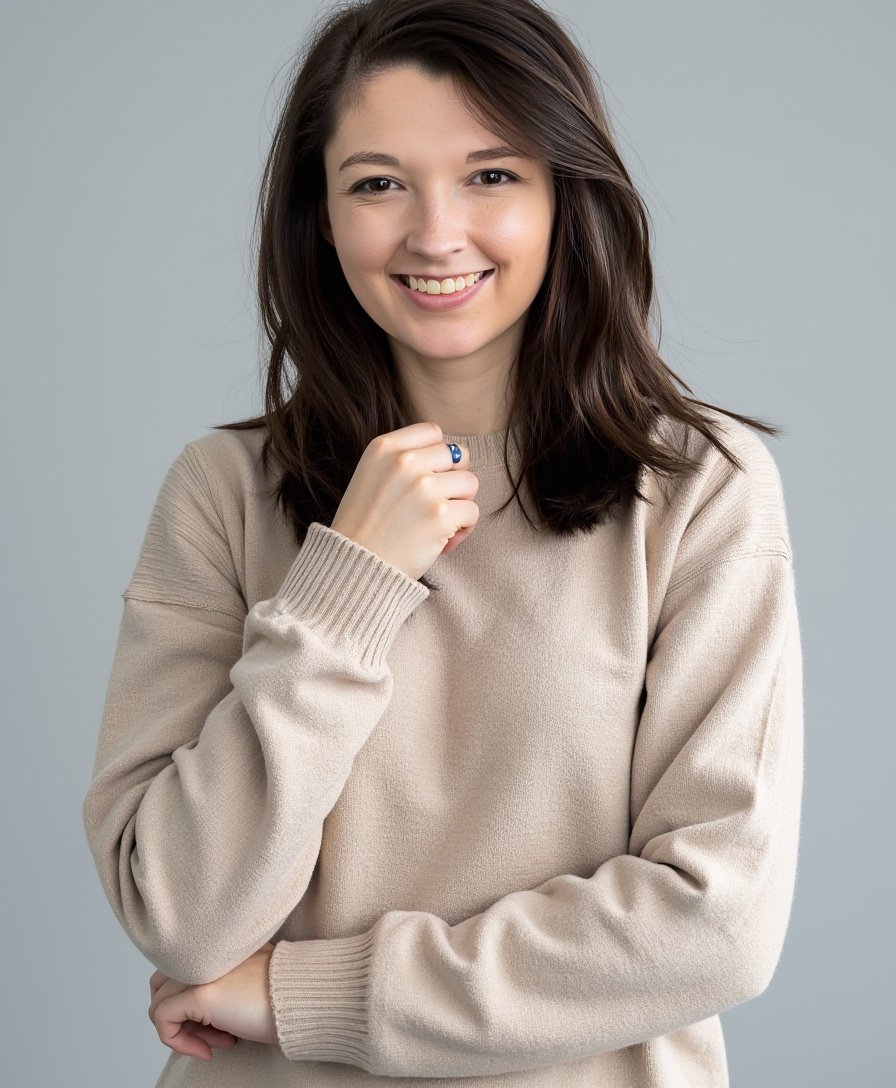 Young woman with brown hair smiling, wearing a beige sweater, with a thoughtful pose, standing against a gray background.