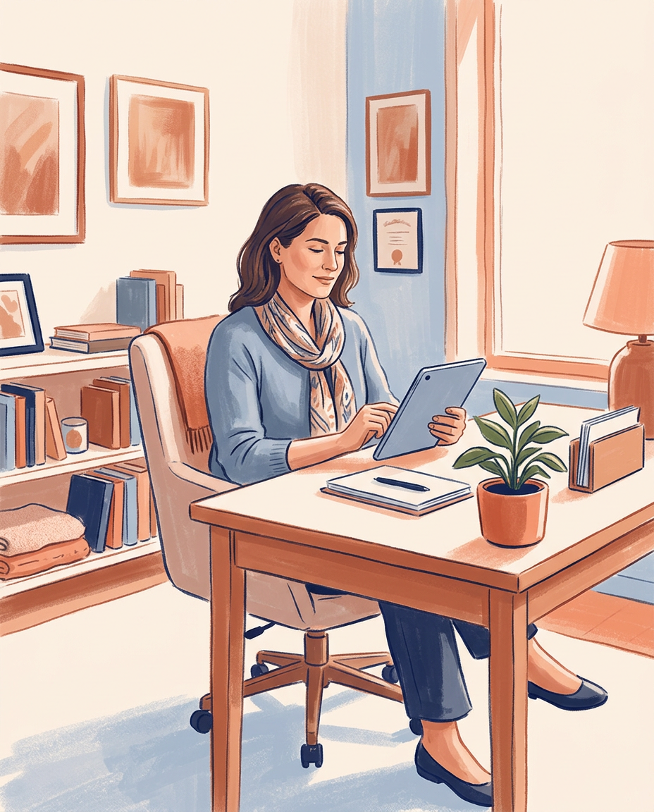 A woman sitting at a desk in an office or home study, using a tablet, with books, a potted plant, and picture frames on the wall and shelf behind her.