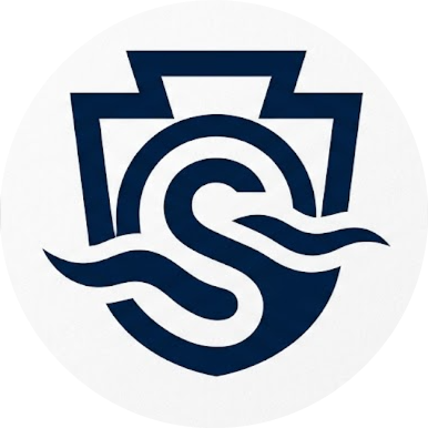 A stylized logo with a shield, a wave, and the letter S in blue and white.