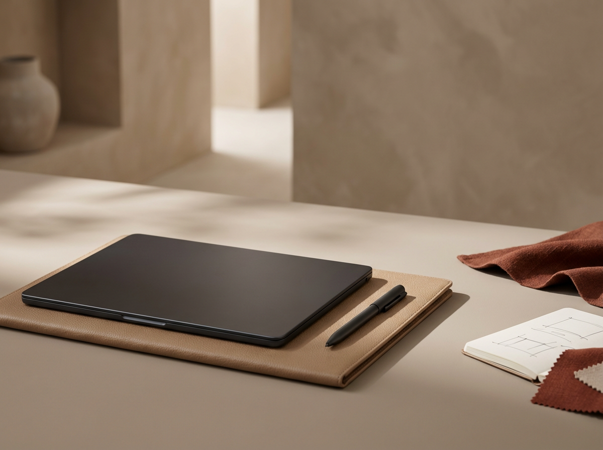 A closed tablet, a black pen, a beige notebook, a small open sketchbook with drawings, and fabric swatches on a white desk in a minimalist room.