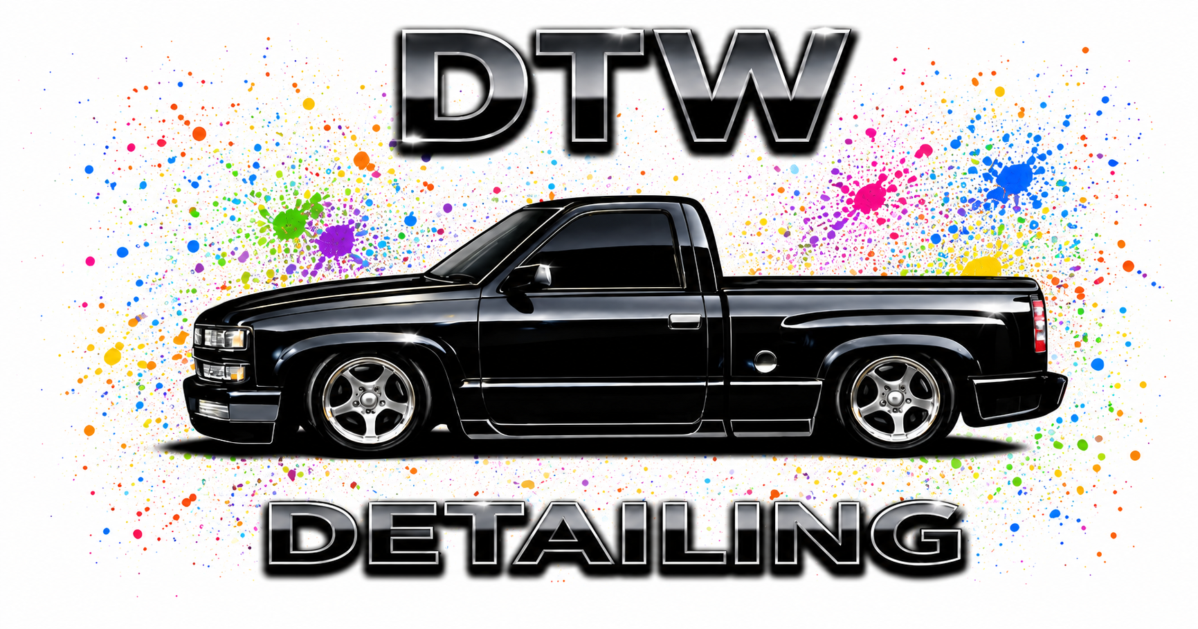 Black pickup truck with a colorful splatter background and the words "DTW" above and "Detailing" below.