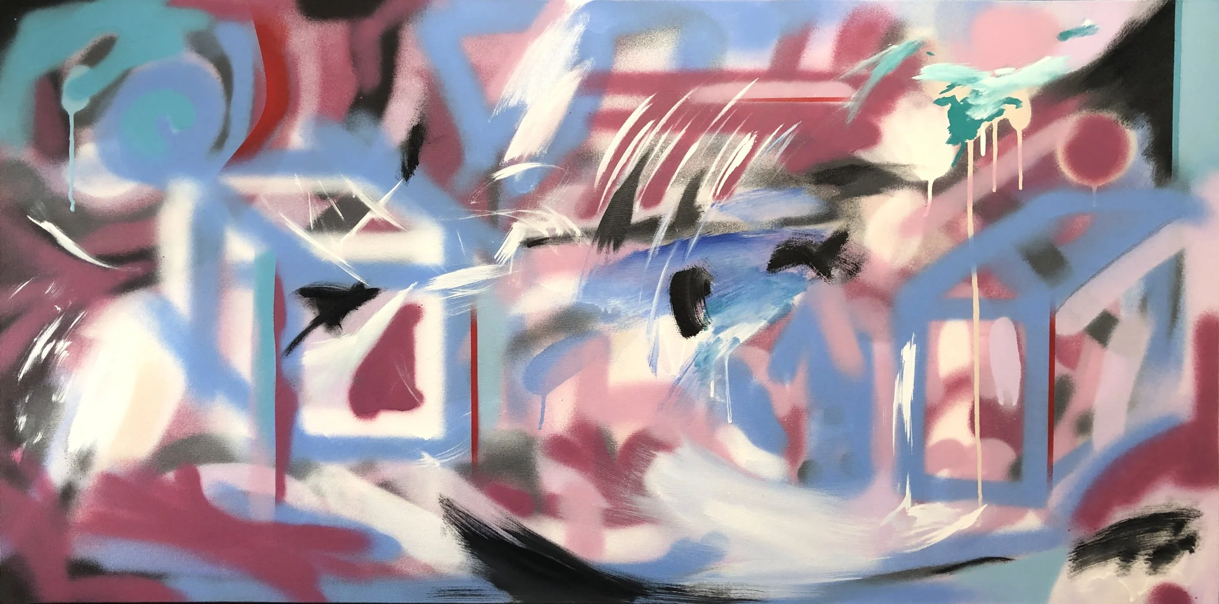 Abstract painting with blue, red, white, black and turquoise colors