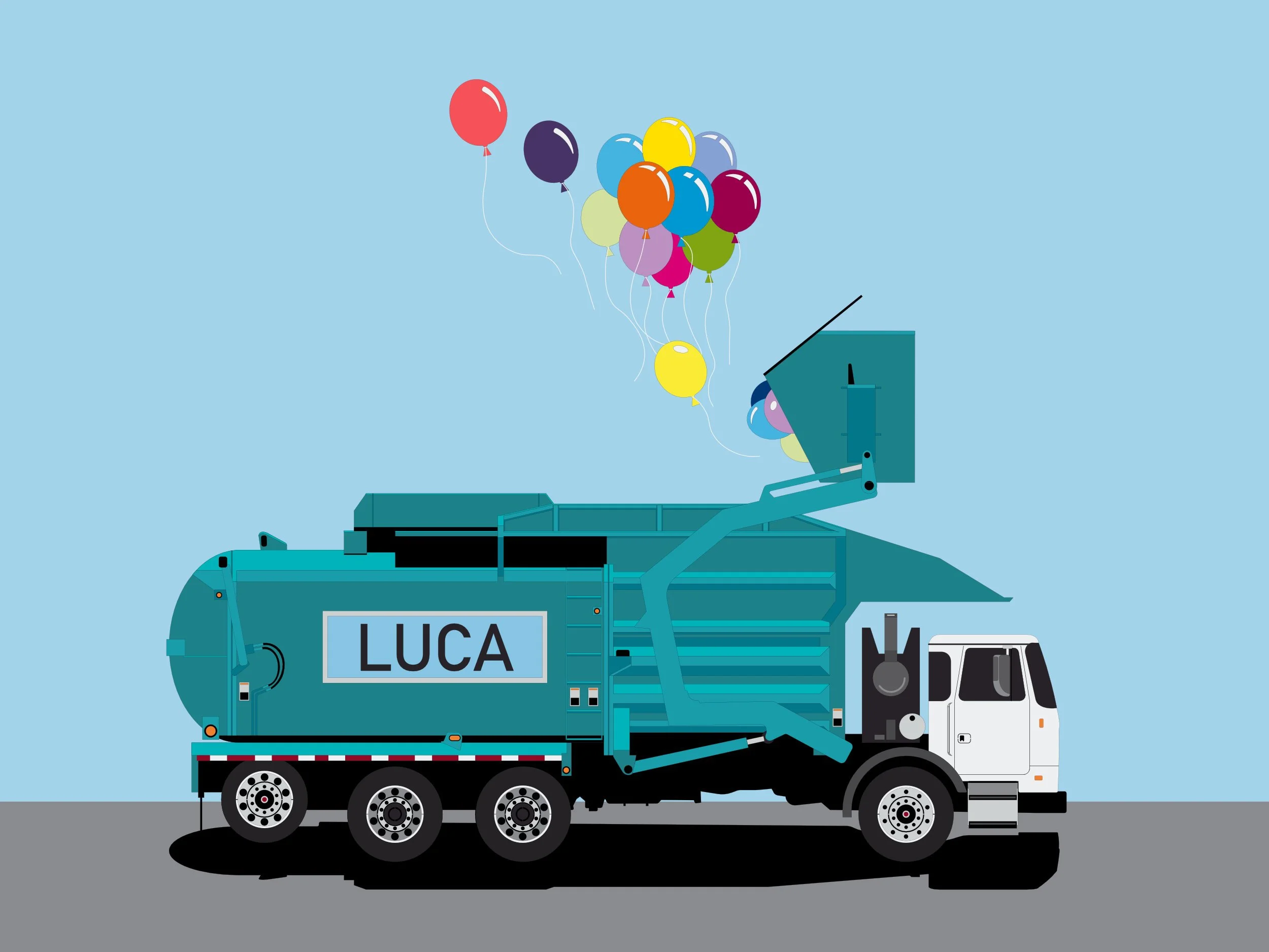 Garbage truck with balloons coming out of the bucket