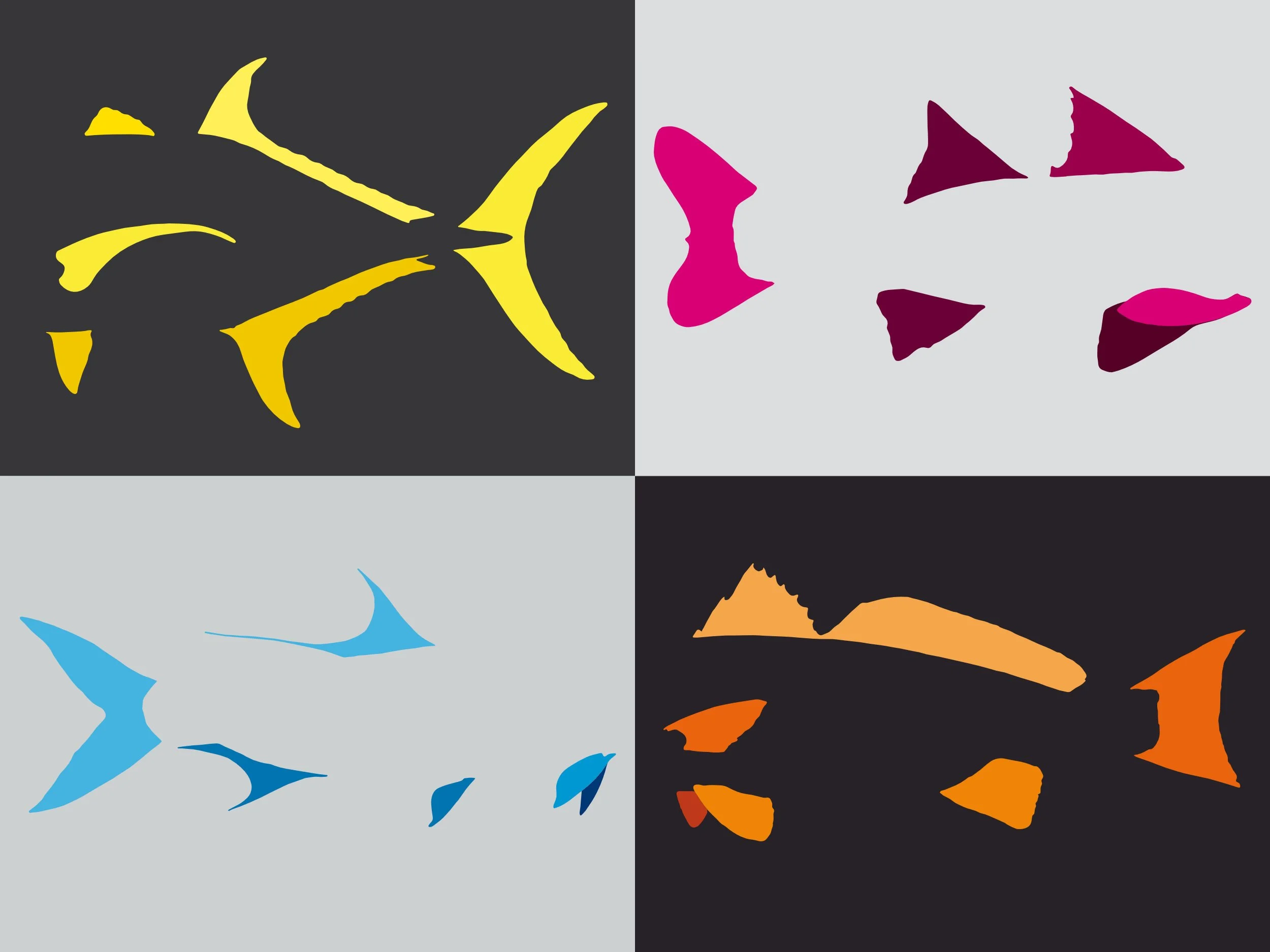 Painting of four different types of fish with only the fins visible