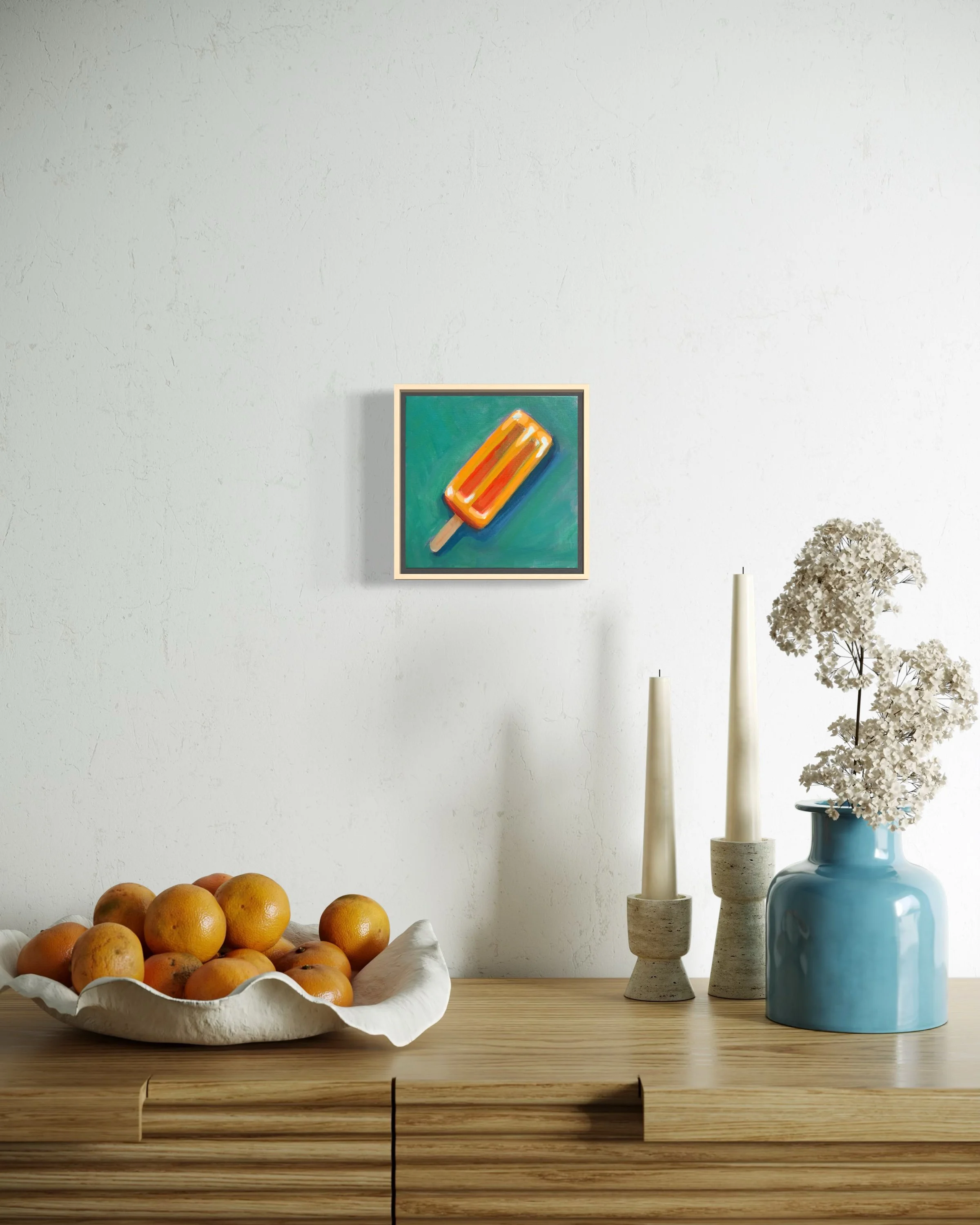 Close-up of a computer-generated image of a melting orange popsicle on a stick against a teal background.