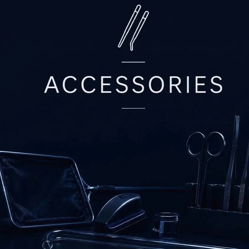 Image of a dark background with the word 'ACCESSORIES' written in the center, along with illustrations of chopsticks above and grooming scissors and other tools below.