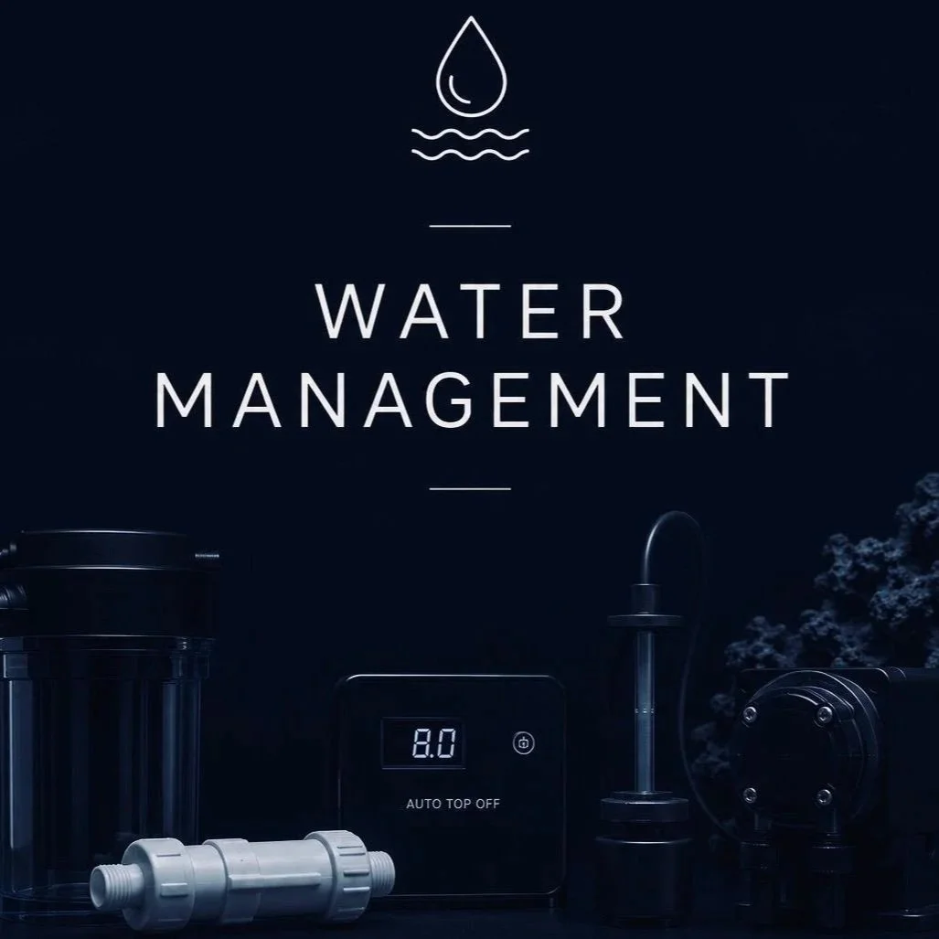Water management equipment including a digital control panel, filtration components, and a water drop icon on a dark background.