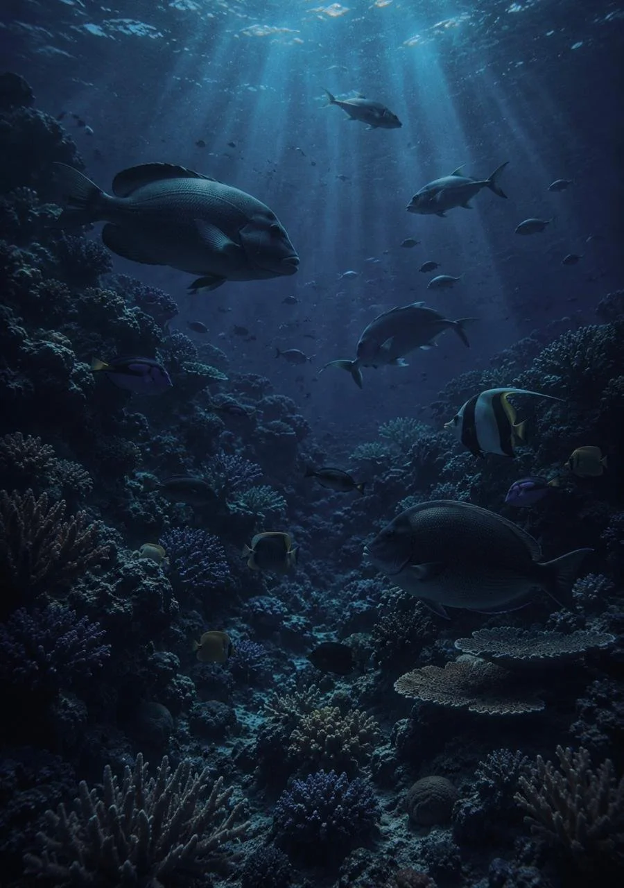 Underwater view of a coral reef with various fish swimming in the ocean, illuminated by rays of sunlight from above.