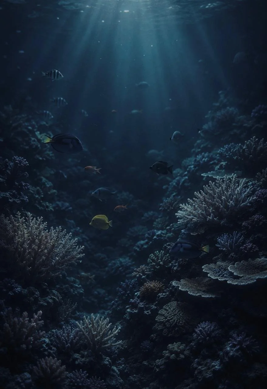 Underwater scene with various fish swimming among coral reefs, illuminated by sunlight from above.