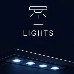 Graphic of ceiling lights with the word 'Lights' beneath a stylized light fixture