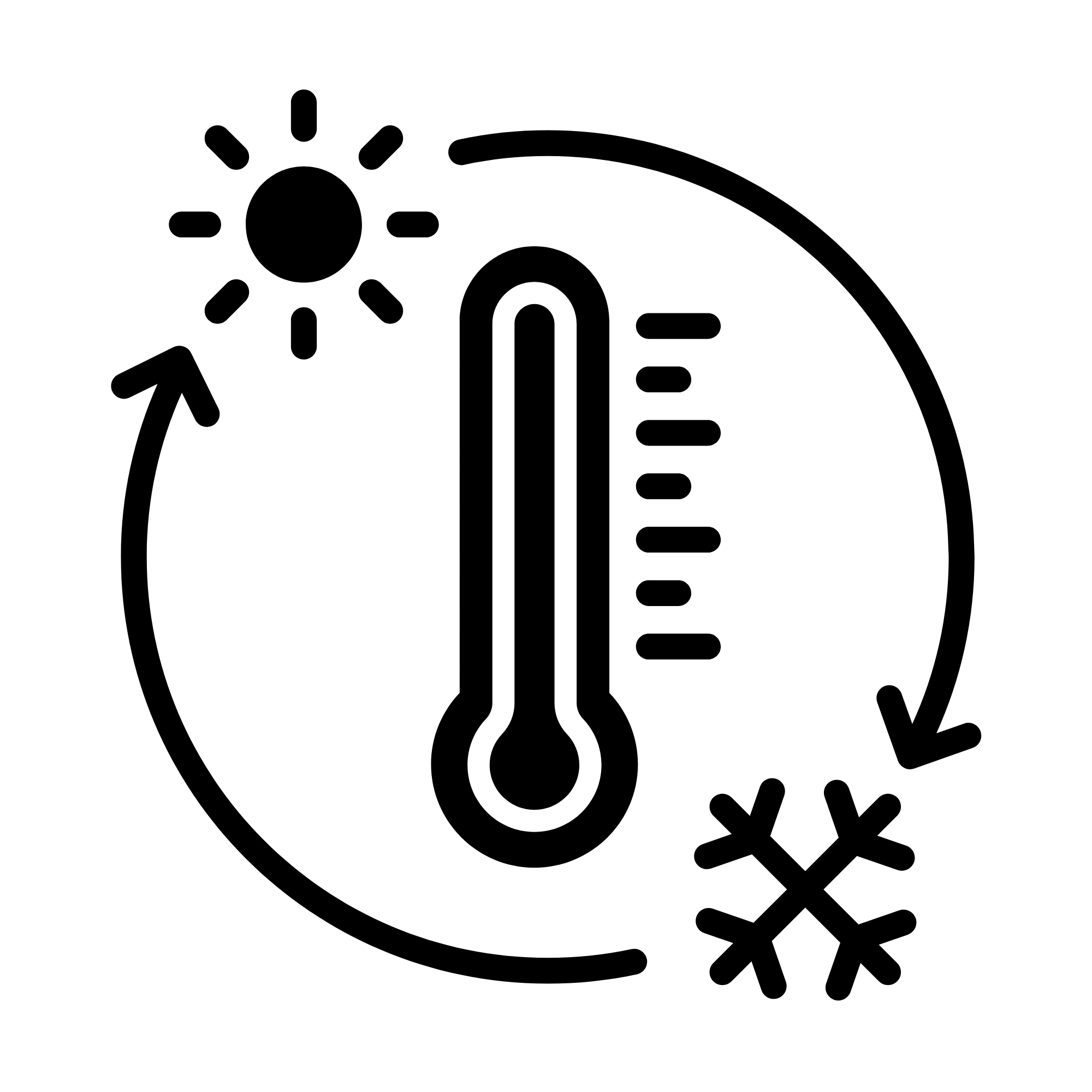A black and white outline drawing of a thermometer with a sun for hot and a snowflake for cool. this is to represent "climate-controlled" units.