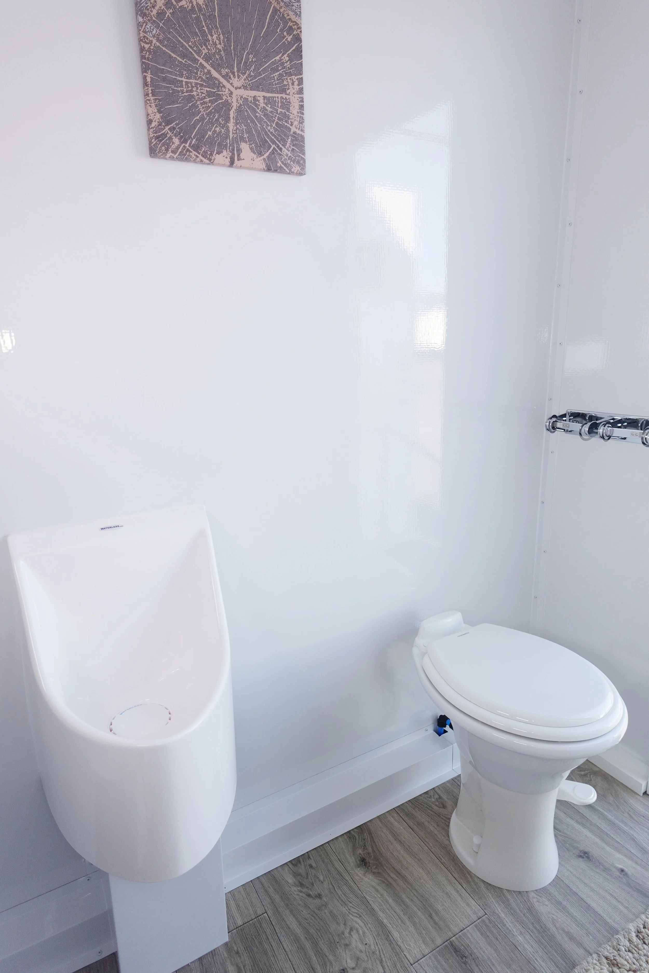 A modern bathroom with a white toilet and a white urinal on a gray wood-look floor. The walls are plain white, with a small piece of abstract art hanging above.