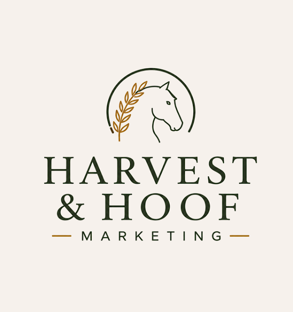 Logo for Harvest & Hoof Marketing featuring a horse's head within a circle and a wheat branch, with the company name beneath.