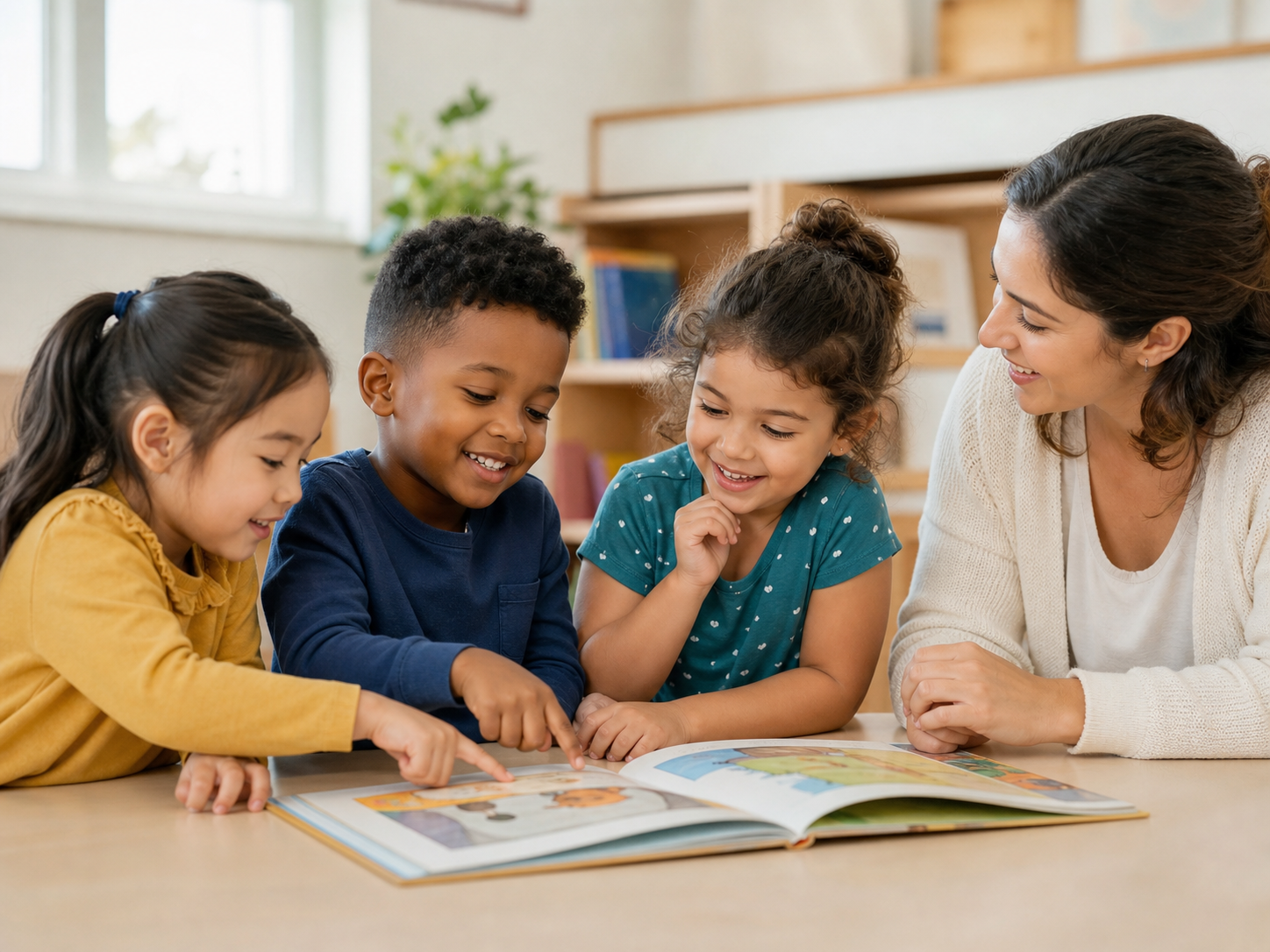 Children ages 4–6 building phonics and early reading skills together with a supportive teacher in Lexington, South Carolina.