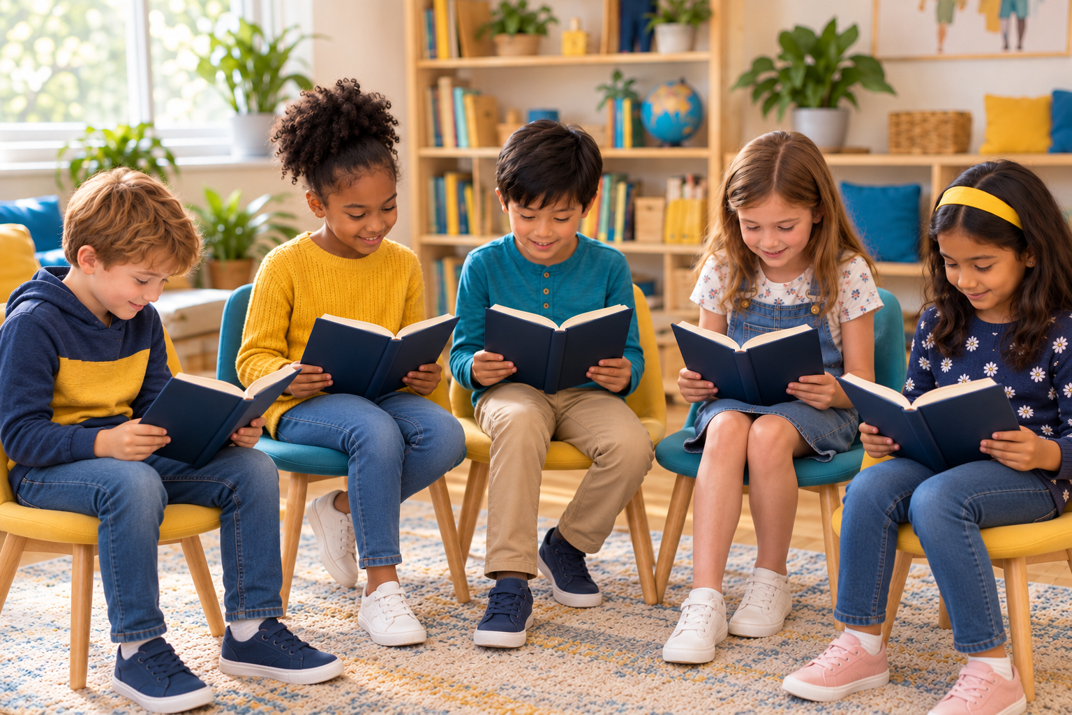 Five children seated in a circle of chairs, each reading a matching chapter book during Jr. Book Club at Modz Learning Labs.