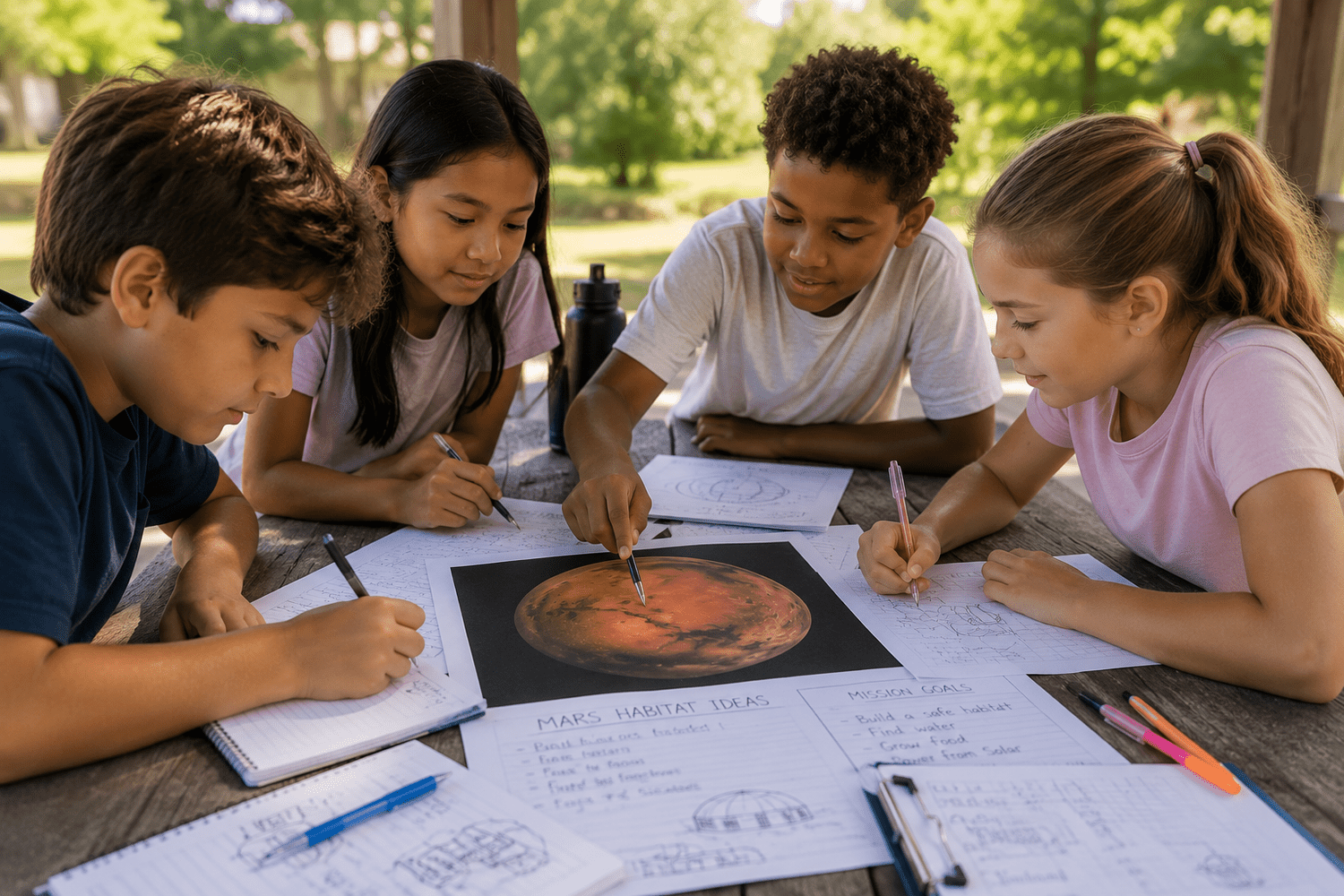 Children working together outdoors on a Mars design challenge