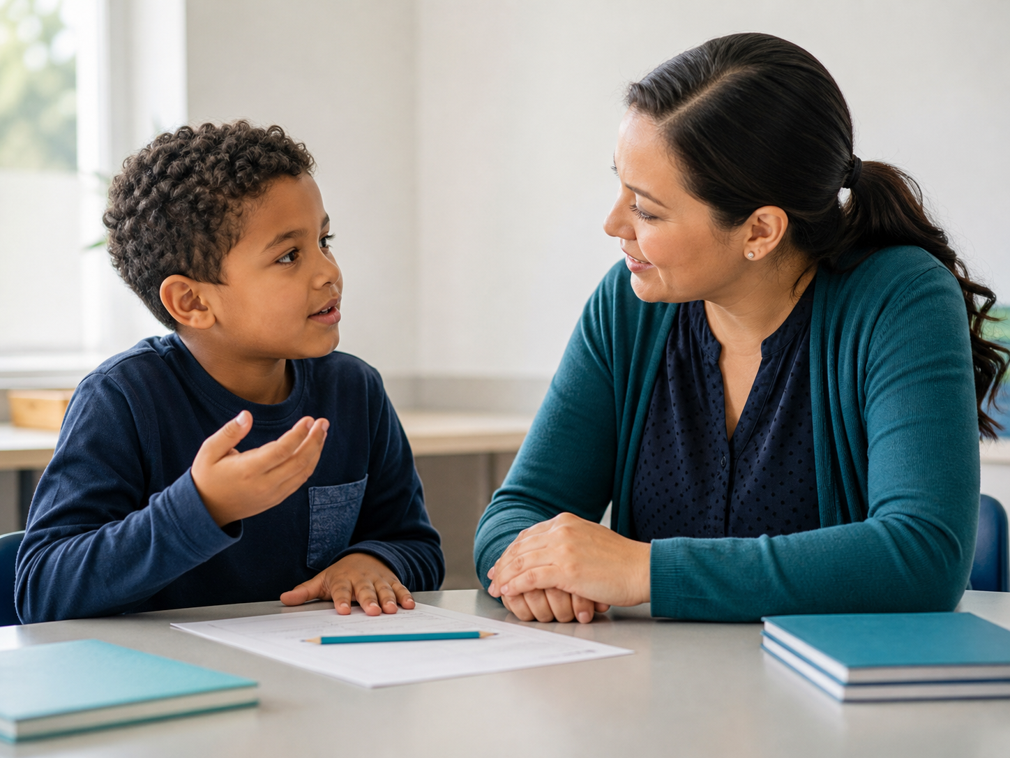 Young learner asking a supportive teacher for help during an independence and problem-solving class in Lexington, South Carolina.