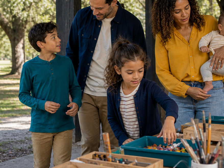 Family with young children exploring hands-on activities at an outdoor learning pavilion in South Carolina.